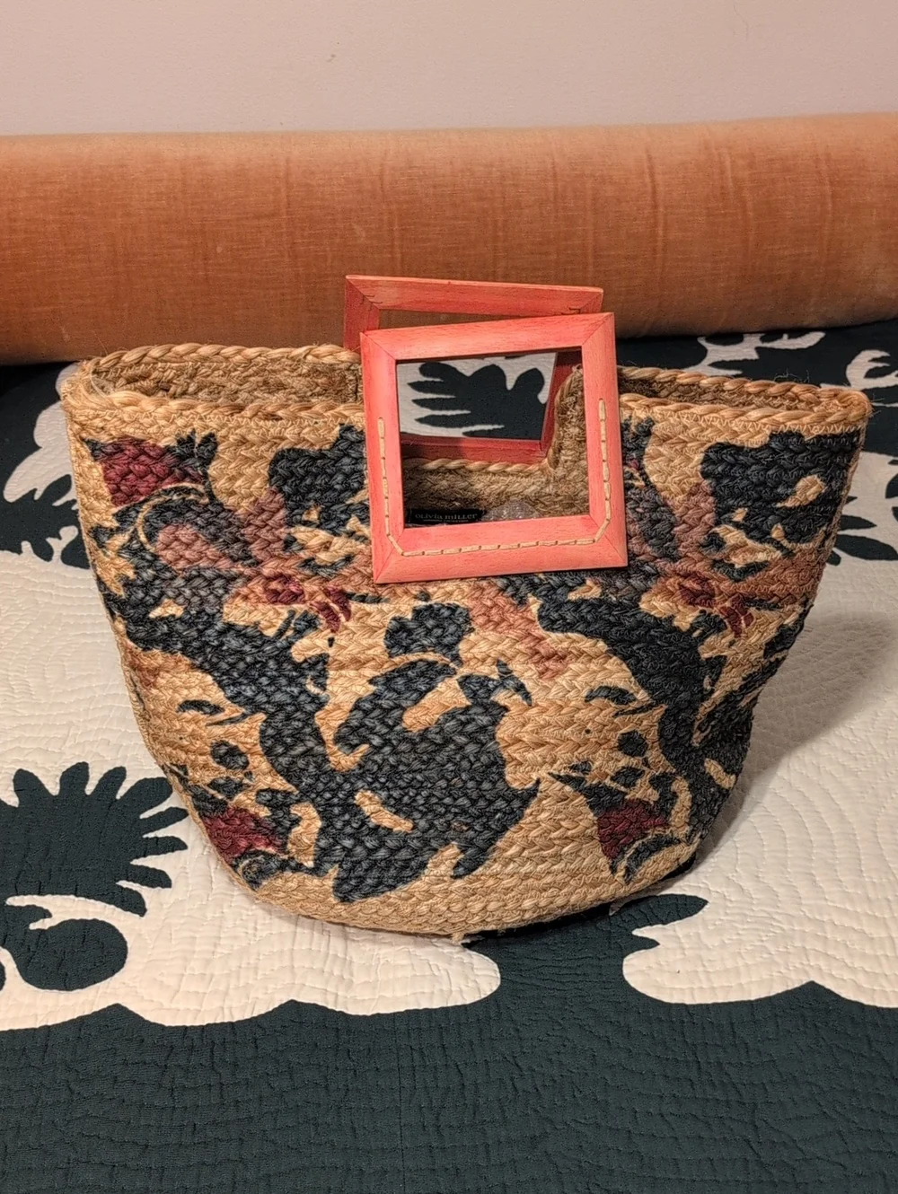 Olivia Miller Woven Straw Tote with Coral Square Handle